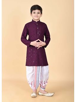 NFC CREATION - Boys Embroidery and Sequins Work Rayon Cotton Wine Kurta and Dhoti Pant