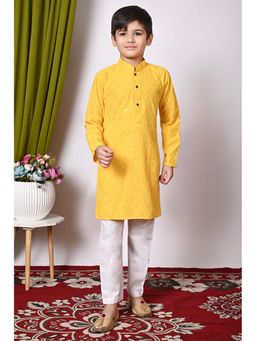 NFC CREATION - Boys Embroidery and Sequins Work Rayon Cotton Yellow Kurta and Pyjama