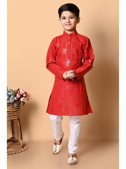 NFC CREATION - Boys Sequins Work Cotton Red Kurta and Pyjama