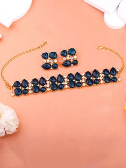 Estele - Gold Plated Glamorous Necklace Set With Blue & White Stones For Women