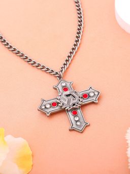 Estele - Tin Oxidised Plating Cross Designer Pendant Necklace With Red & White Stone For Women