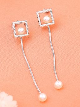 Estele - Rhodium Plated Square Designer Tassel Earrings With White Pearl For Girls & Women