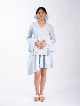 HOUSE OF SHRUSHA - Soft V-Neck Blue Stripes A Line Mini Dress