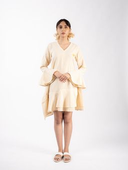 HOUSE OF SHRUSHA - Soft V-Neck Beige Stripes A Line Mini Dress