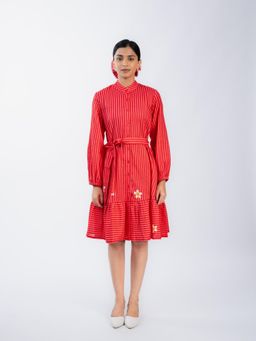 HOUSE OF SHRUSHA - High Neck Red Stripes A Line Knee Length Dress With Belt