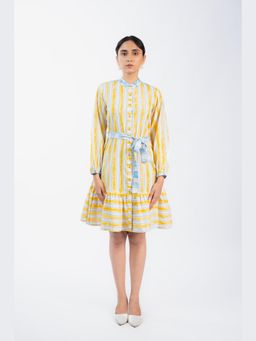 HOUSE OF SHRUSHA - High Neck Yellow Stripes A Line Mini Dress With Belt