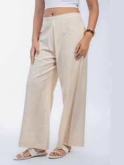 HOUSE OF SHRUSHA - Beige Stripes Handloom Cotton Straight Trouser