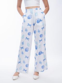 HOUSE OF SHRUSHA - Blue Shell Printed White Jute Straight Trouser