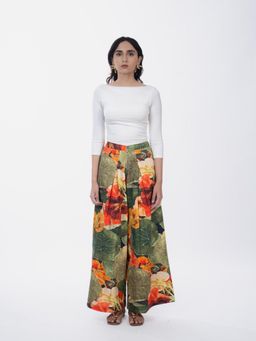 HOUSE OF SHRUSHA - Green Floral Printed Cotton Box Pleat Wide-Leg Trouser