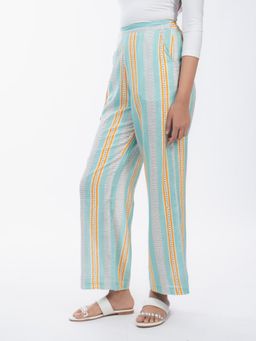 HOUSE OF SHRUSHA - Aqua Green Stripes Cotton Straight Trouser