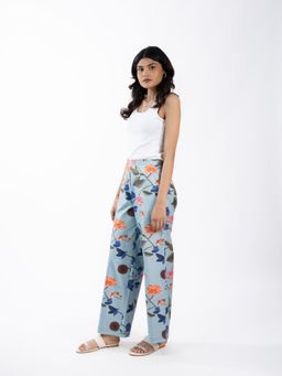 HOUSE OF SHRUSHA - Blue Floral Printed Cotton Straight Trouser