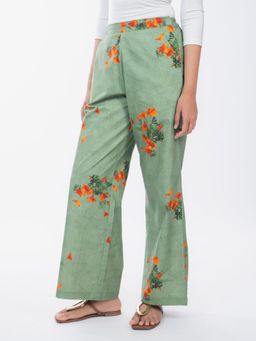 HOUSE OF SHRUSHA - Orange Floral Printed Cotton Straight Trouser