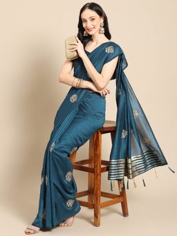 Odette - Teal Silk Embroidered Saree with Unstitched Blouse