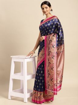 Sangam Prints - Navy Blue Art Silk Printed Traditional Saree with Unstitched Blouse