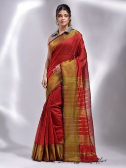 CHARUKRITI - Red Blended Cotton Handwoven Soft Temple Border Saree with Unstitched Blouse