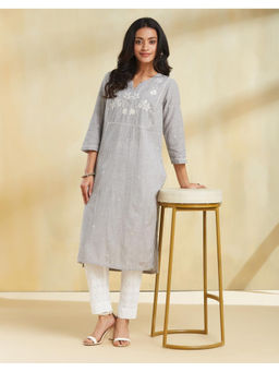 Fabindia - Grey Cotton Chikankari Kurta and Pant (Set of 2)