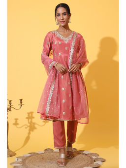 Aurelia - Coral Zari Embroidered Anarkali Kurta Pant & Dupatta (Set of 3)