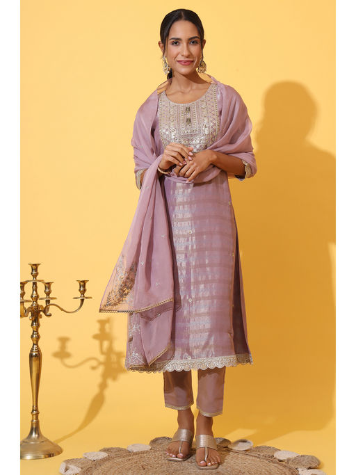 Aurelia Purple Embroidered A-Line Kurta and Pant & Dupatta (Set of 3)