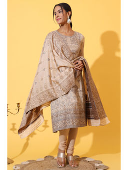 Aurelia - Beige Yarn Dyed Panelled Kurta Churidar and Dupatta (Set of 3)