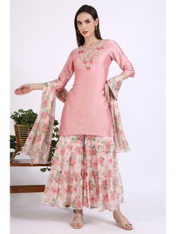 Aurelia - Pink Embroidered Short Kurti and Sharara & Dupatta (Set of 3)