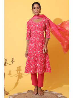 Aurelia - Pink Schiffli Embroidered Anarkali Kurta Pant and Dupatta (Set of 3)