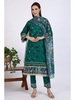 Aurelia - Green Foil Floral Printed Embellished A-Line Kurta Pant & Dupatta (Set of 3)