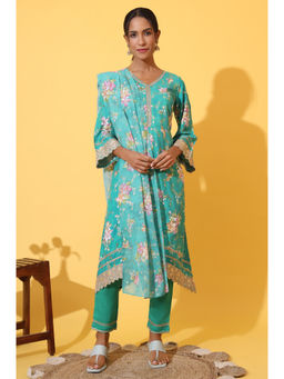 Aurelia - Green Floral Printed A-Line Kurta Pant and Dupatta (Set of 3)