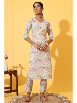 Aurelia - Cream Floral Printed Cotton Shimmer Kurta & Pant (Set of 2)