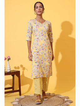 Aurelia - Yellow Floral Printed Pure Cotton Straight Kurta and Pant (Set of 2)