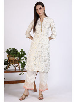 Aurelia - Off White Foil Floral Printed Rayon Straight Kurta & Pant (Set of 2)