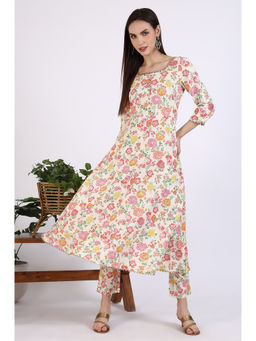 Aurelia - Off White Floral Printed Flared Kurta & Pant (Set of 2)