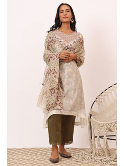 Folksong - Beige Cotton Silk Applique Embroidered Kurta Pant & Dupatta (Set Of 3)