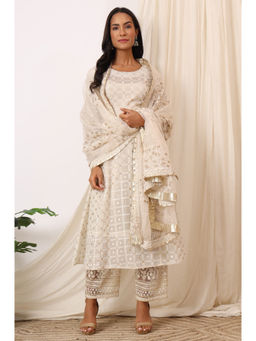 WISHFUL by W - Off White Embroidered Anarkali Kurta Pant and Dupatta (Set of 3)
