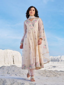 WISHFUL by W - Cream Embroidered Organza Anarkali Kurta Pant and Dupatta (Set of 3)