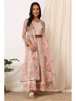 WISHFUL by W - Salmon Pink Chintz Printed Organza Jacket Crop Top and Palazzo (Set of 3)