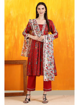 W - Red Floral Printed Pure Cotton Flared Kurta Pant & Dupatta (Set of 3)