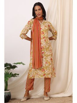 W - Beige Floral Printed Pure Cotton Straight Kurta Pant & Dupatta (Set of 3)