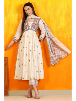 W - Off White Embroidered Yoke Cotton Anarkali Kurta Pant & Dupatta (Set of 3)