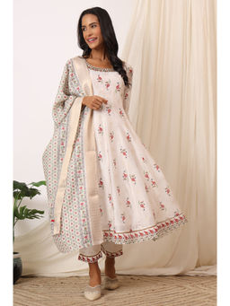 W - Floral Printed White Chanderi Anarkali Kurta Pant & Dupatta (Set of 3)