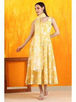 W - Yellow Floral Printed Pure Cotton Anarkali Kurta and Dupatta (Set of 2)