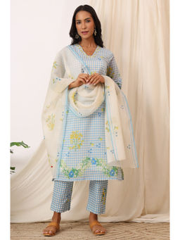 W - Blue Checker Chanderi Straight Kurta Pant & Dupatta (Set of 3)