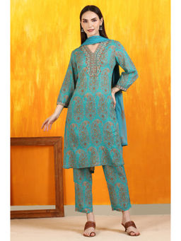 W - Green Paisley Printed Cotton Crepe Straight Kurta Pant & Dupatta (Set of 3)