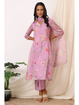 W - Lavender Floral Printed Flared Kurta Pant and Dupatta (Set of 3)