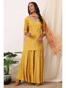W - Yellow Printed Short Shantung Kurti Palazzo & Dupatta (Set of 3)