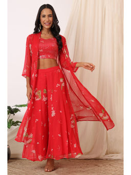W - Red Floral Printed Chiffon Jacket Crop Top and Palazzo (Set of 3)