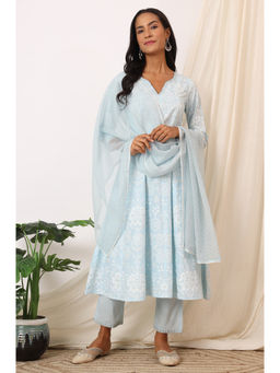 W - Sky Blue Printed Pure Cotton Anarkali Kurta Pant & Dupatta (Set of 3)