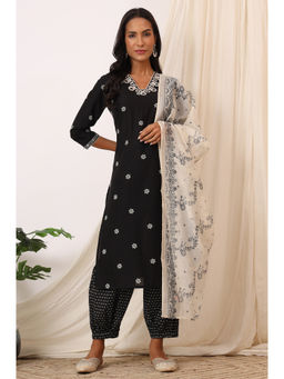 W - Black Bandhani Printed Pure Cotton Kurta Pant and Dupatta (Set of 3)