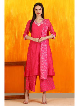 W - Pink Embroidered Chanderi Panelled Kurta Pant & Dupatta (Set of 3)