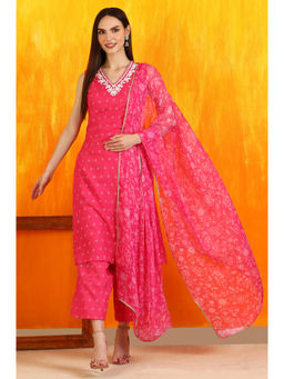 W - Pink Embroidered Shantung Sleeveless Kurta Pant & Dupatta (Set of 3)