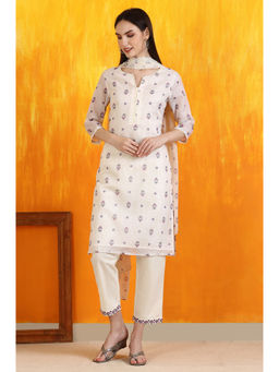 W - Beige Floral Printed Straight Kota Kurta Pant & Dupatta (Set of 3)
